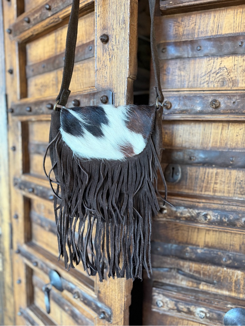 Fringed Cowhide Crossbody Bag in Brown and White